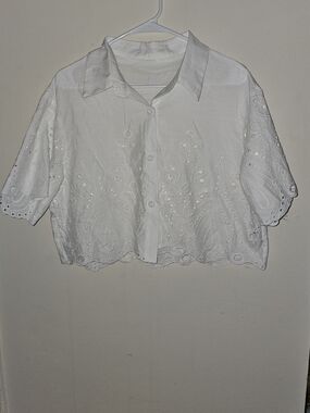 White Embroidered Eyelet Crop Button-Up Top